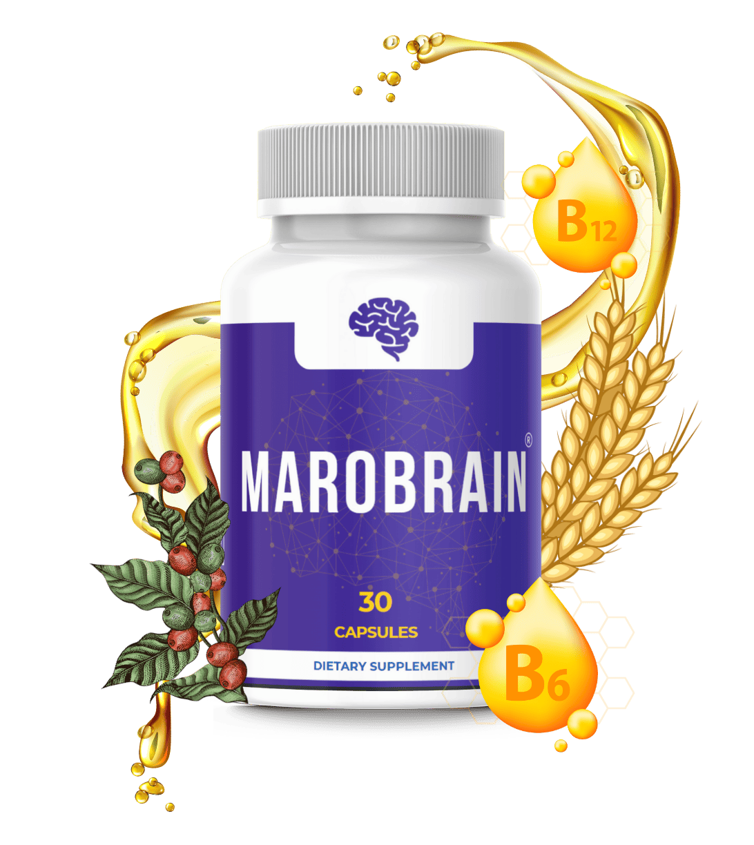 Marobrain memory and focus capsules bottle — 30 capsules, with vitamin B6 and B12 accents